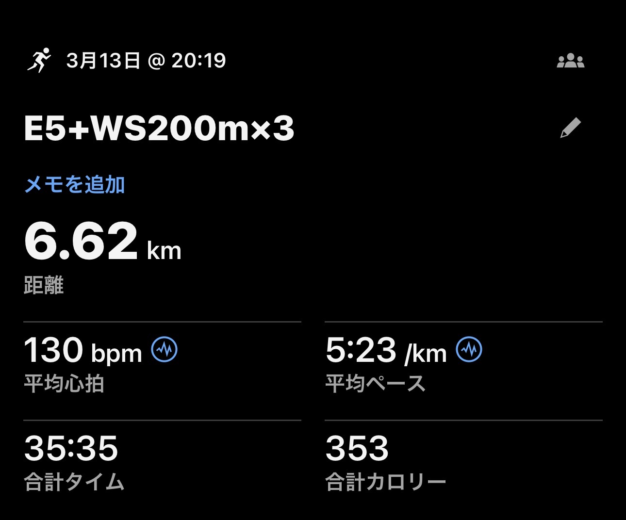 3/13 E5＋WS200m×3の練習ログ