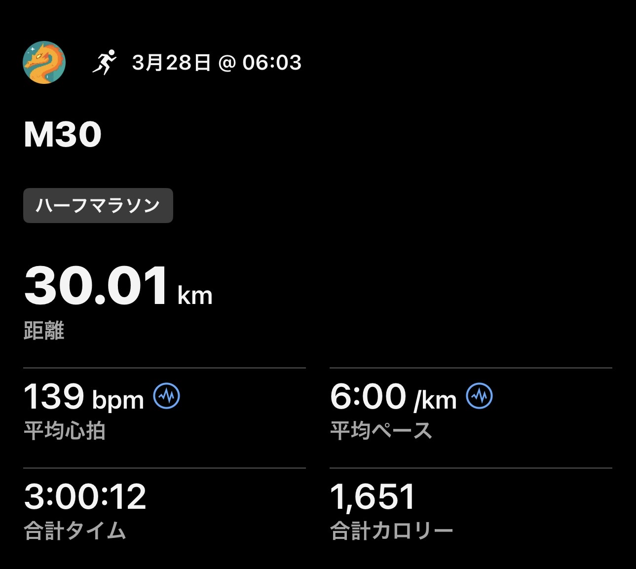 3/28 30kmロング走の練習ログ画像