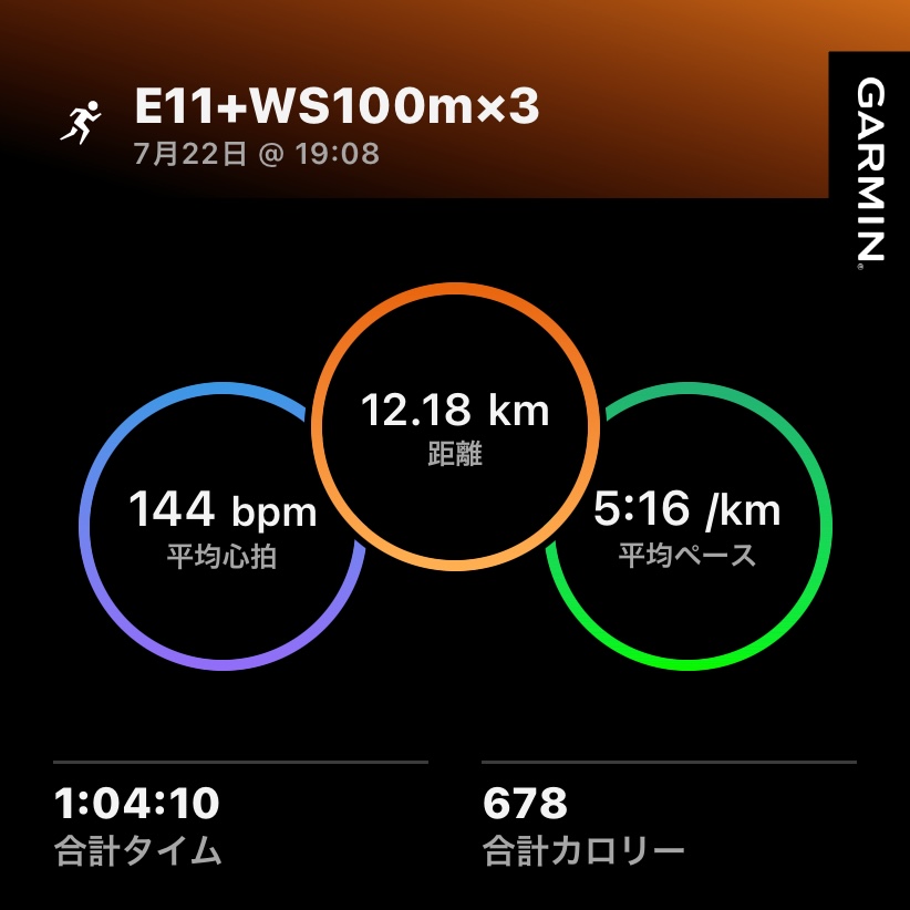 7/22 E11とWS100m3本の練習ログ