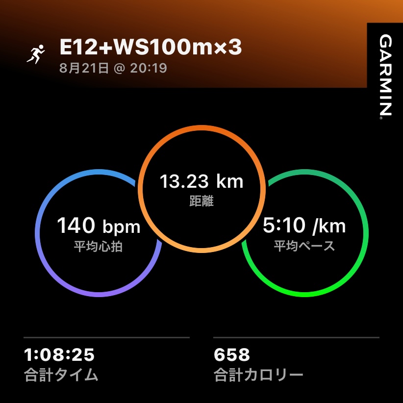 8/21 E12とWS100m3本の練習ログ
