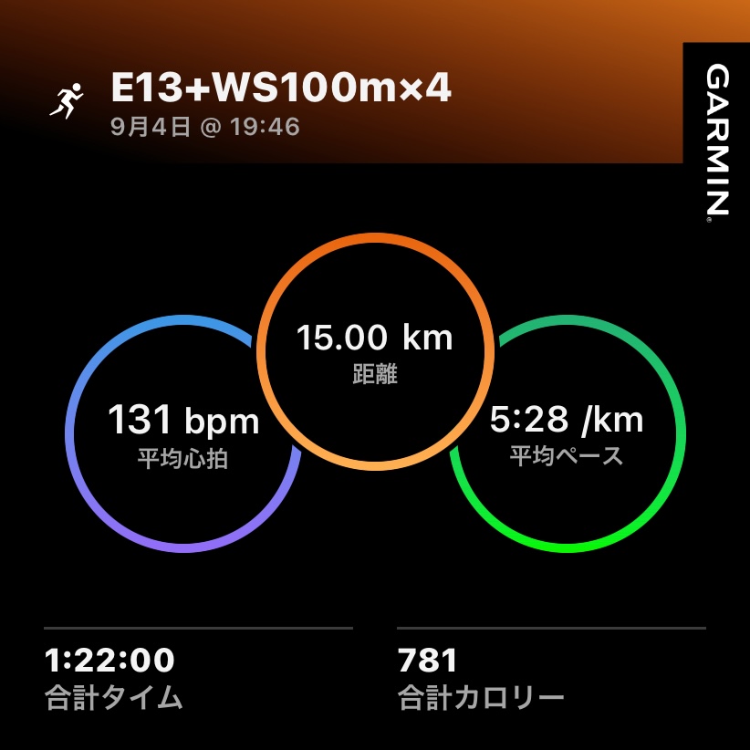 9/4 E13とWS100m4本の練習ログ