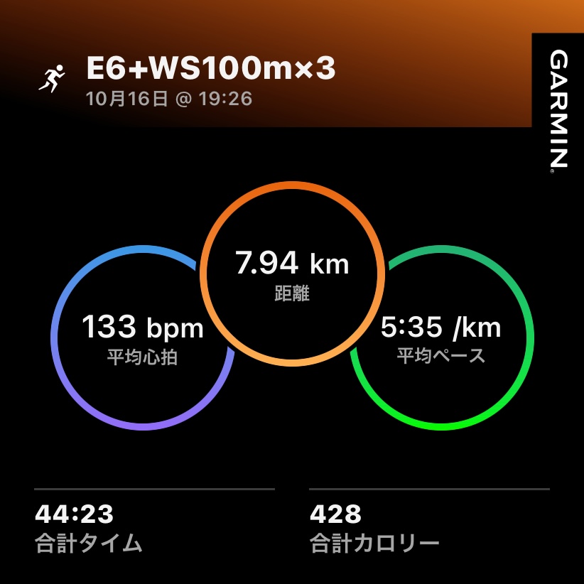 10/16 軽めジョグとWS3本の練習ログ
